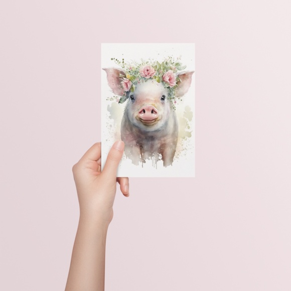 Watercolor Cute Floral Farm Pig Wall Art Illustration Print Poster Unframed - Picture 5 of 7